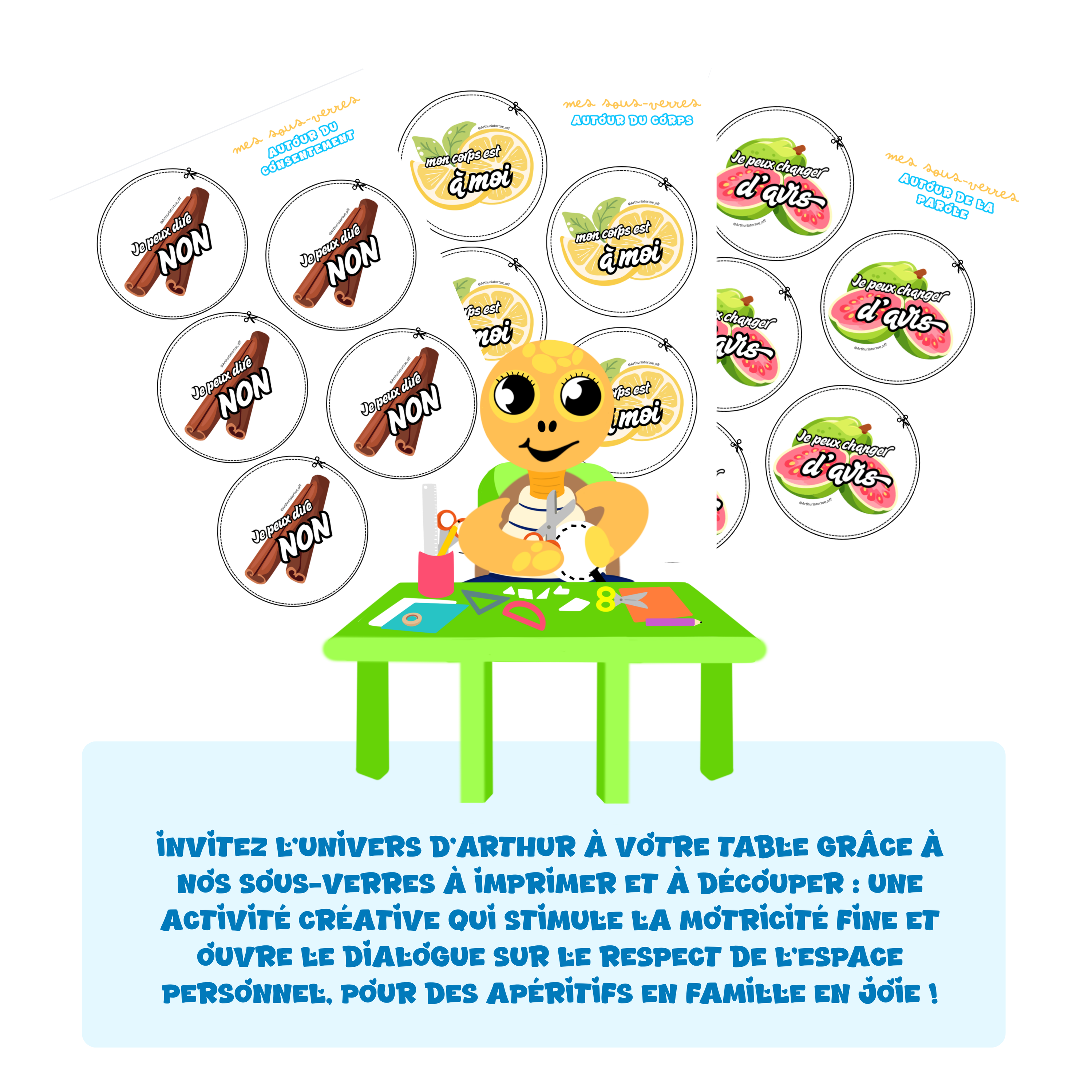Sous-verres Arthur la Tortue à imprimer et découper – activité motricité fine autour du respect de l'espace personnel, maternelle