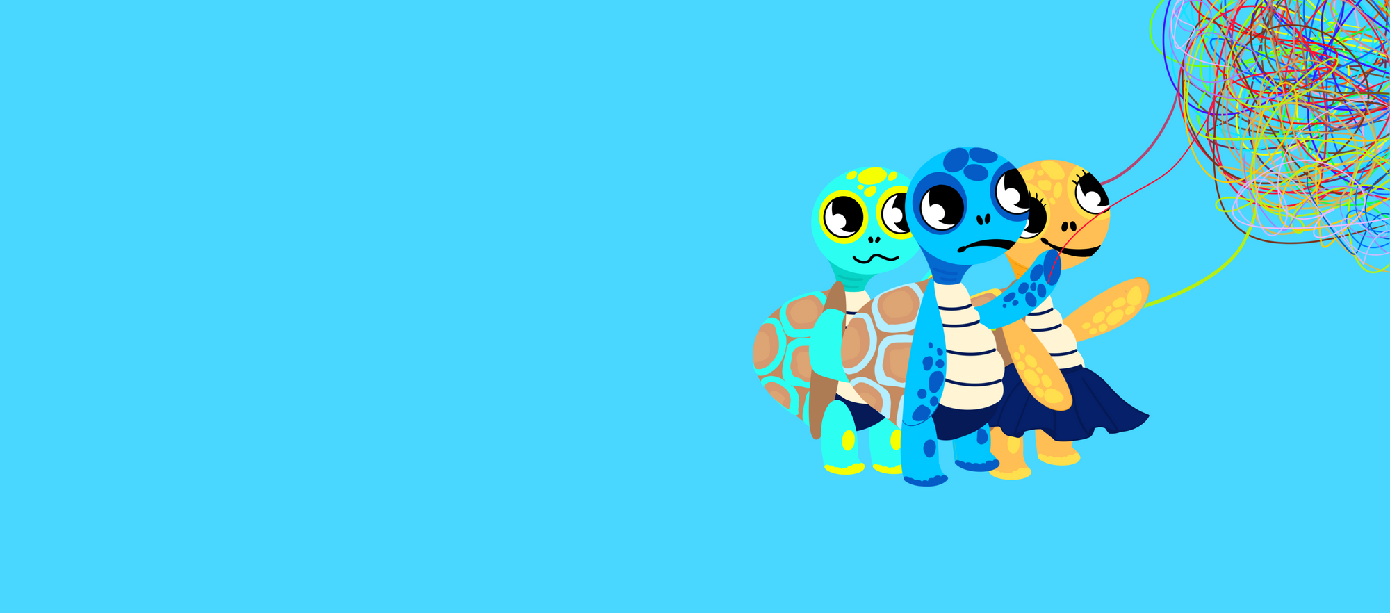 Illustration des personnages d'Arthur la Tortue – Arthur, Aliénor et Anh, trois tortues héros des kits pédagogiques EVAR / EVARS maternelle