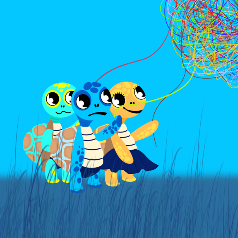 Illustration des personnages d'Arthur la Tortue – Arthur, Aliénor et Anh, trois tortues héros des kits pédagogiques EVAR / EVARS  maternelle