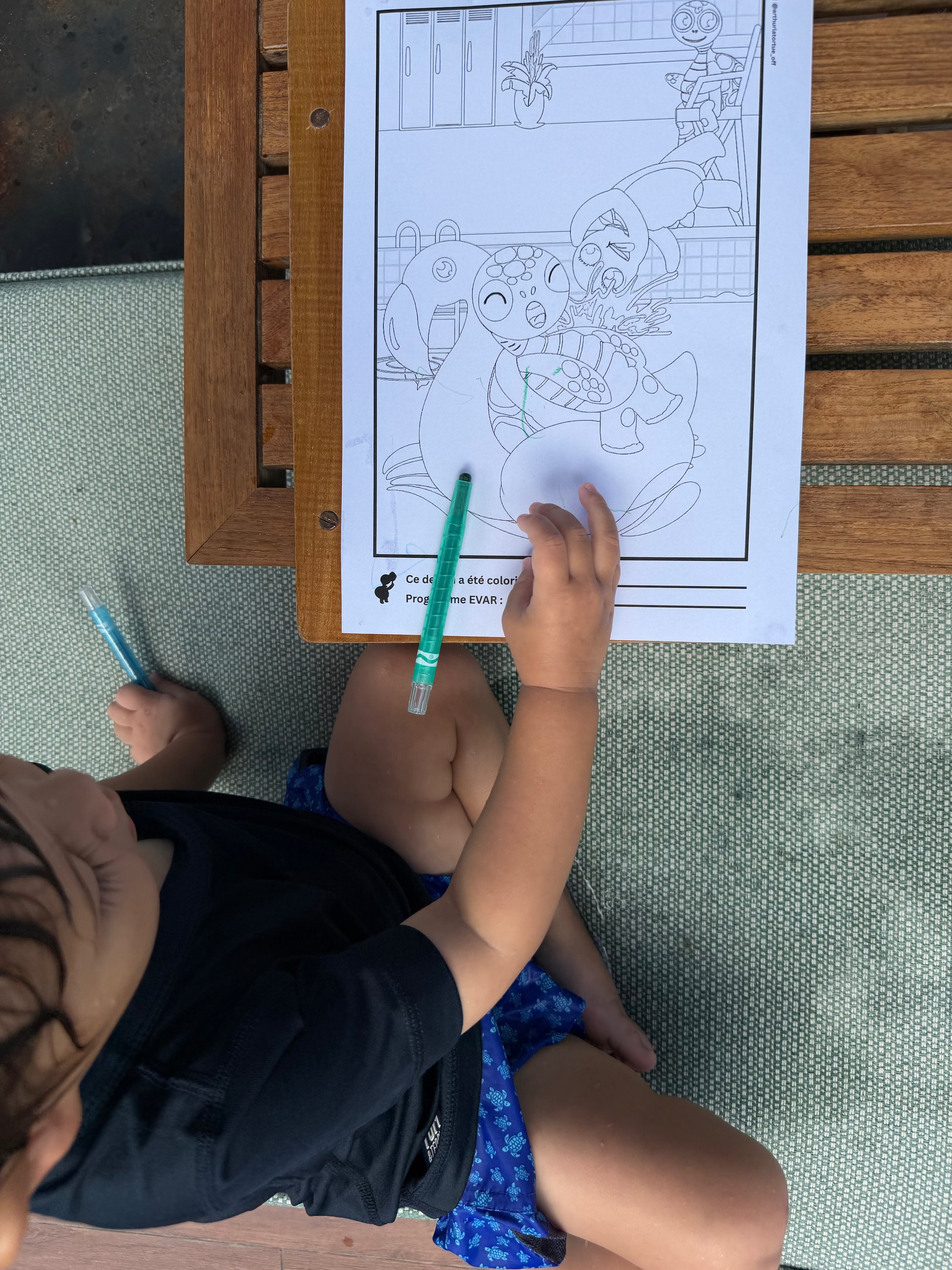 Coloriage de l'univers Arthur la Tortue réalisé par un enfant de maternelle – activité motricité fine EVAR