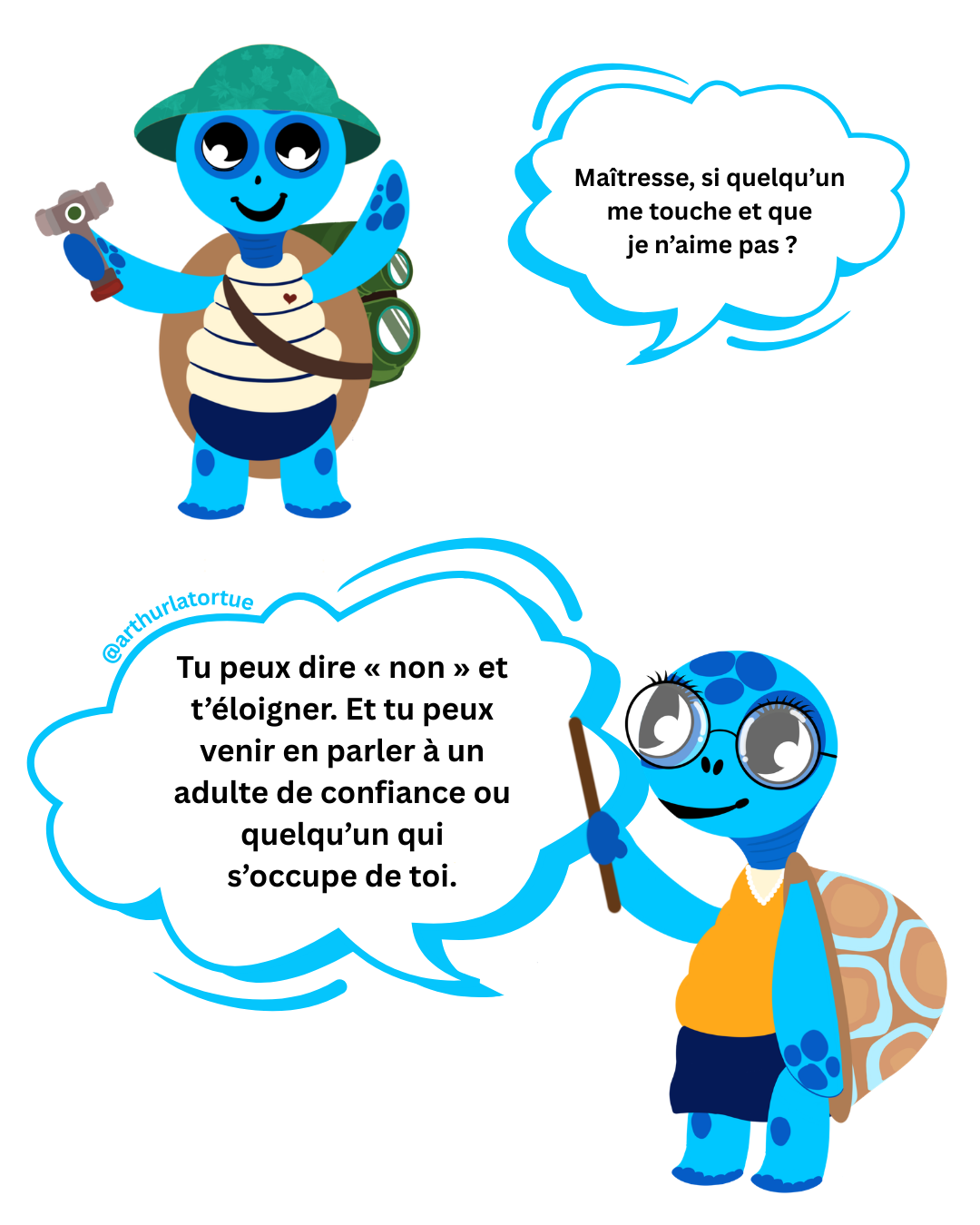 Illustration Arthur la Tortue – apprendre à demander l'autorisation avant de toucher quelqu'un, notion de bulle personnelle et d'espace intime en maternelle