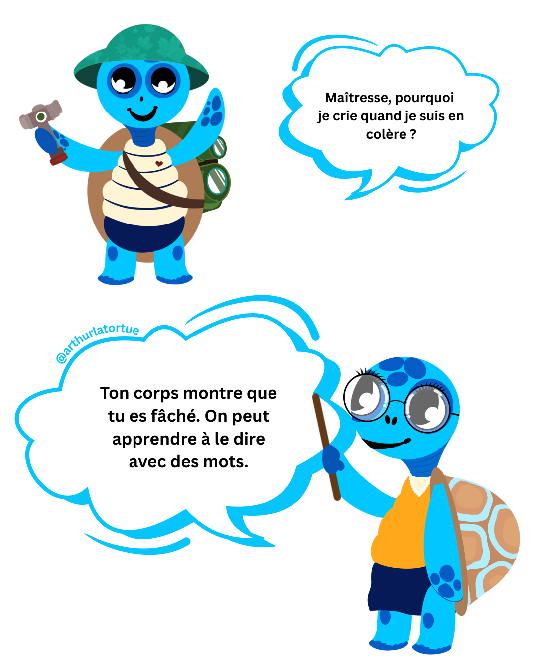 Illustration Arthur la Tortue – définition d'une émotion pour les enfants : une vague intérieure passagère, distinction émotion sentiment sensation