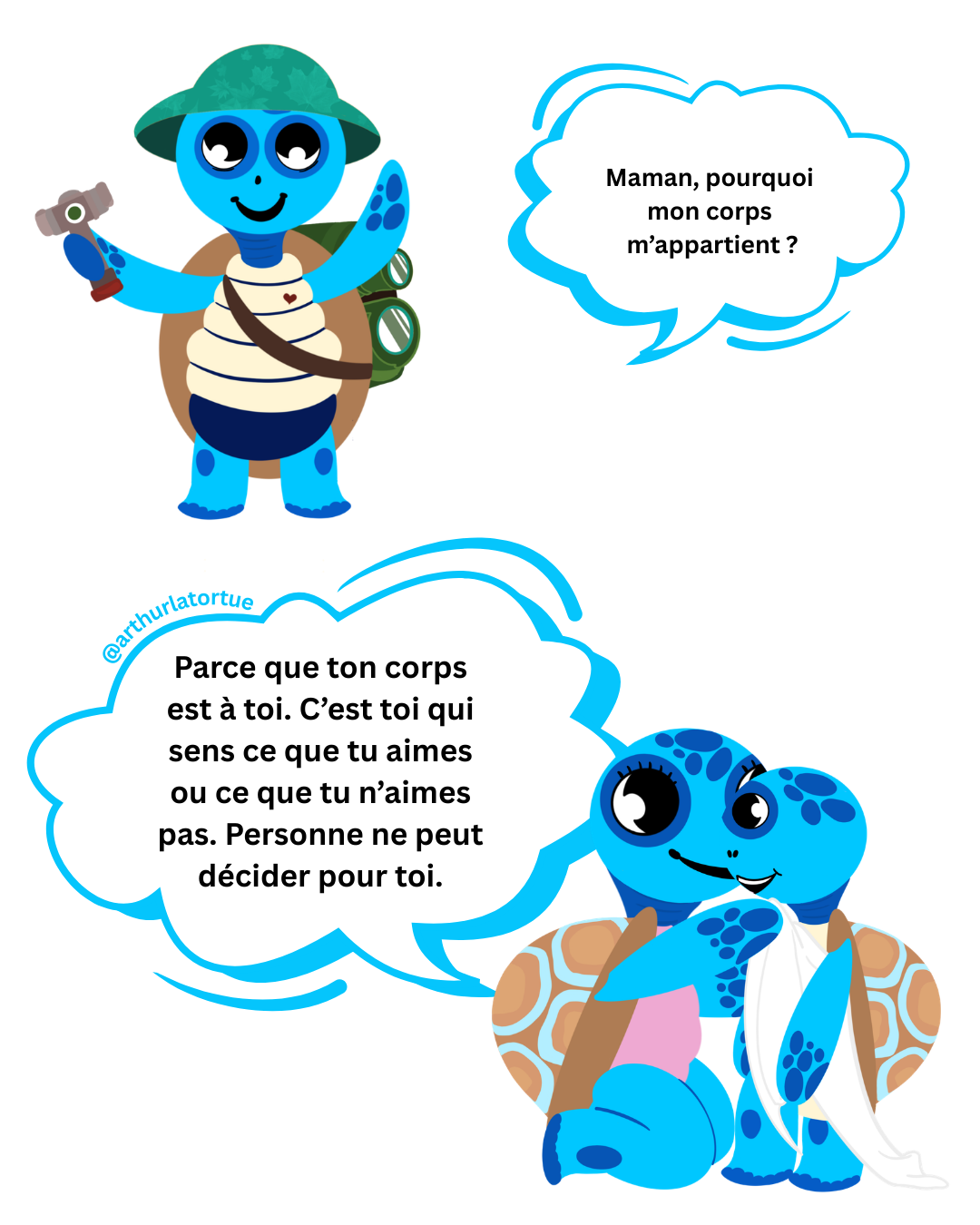 Illustration Arthur la Tortue – le consentement concerne tout le monde, tous âges et tous genres : respecter l'espace personnel de chacun en maternelle