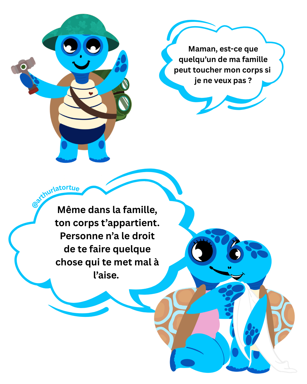 Illustration Arthur la Tortue – le consentement s'apprend dès la petite enfance, développer le respect du corps et des émotions dès la maternelle