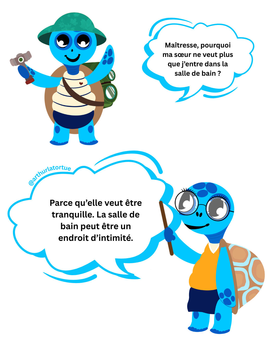 Illustration Arthur la Tortue – les espaces d'intimité dans la vie quotidienne : salle de bain et parties privées du corps, maternelle EVAR