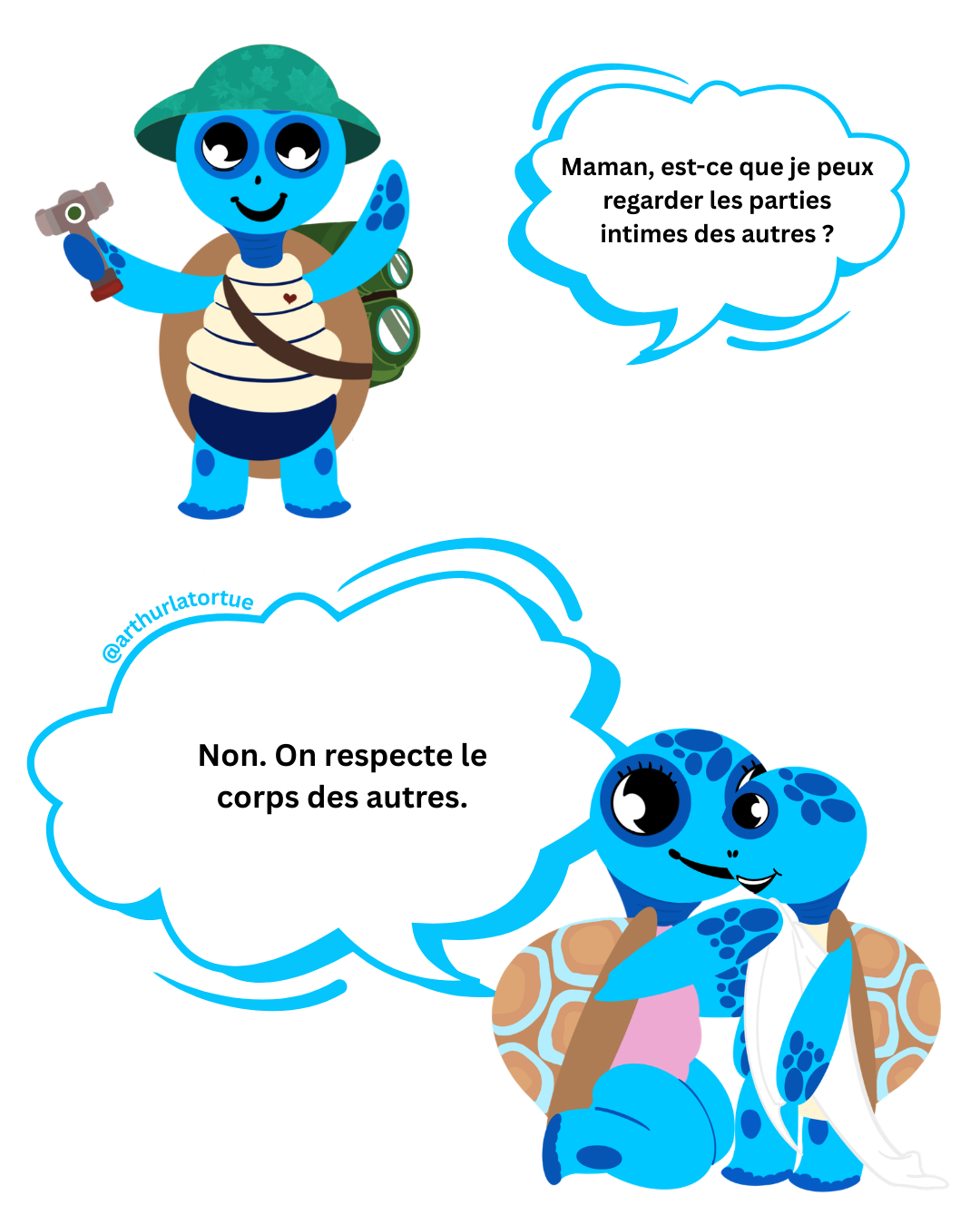 Illustration Arthur la Tortue – les espaces où chacun a droit à son intimité : douches communes et vestiaires, respect du corps des autres en maternelle