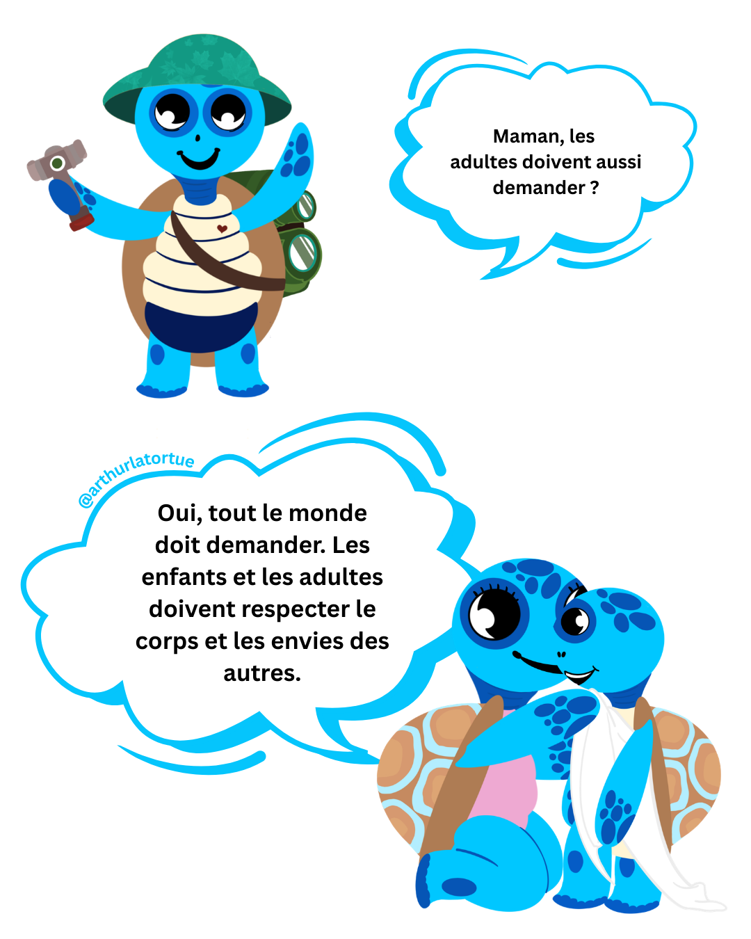 Illustration Arthur la Tortue – un oui obtenu sous pression n'est pas un consentement, apprendre aux enfants à reconnaître la manipulation, maternelle