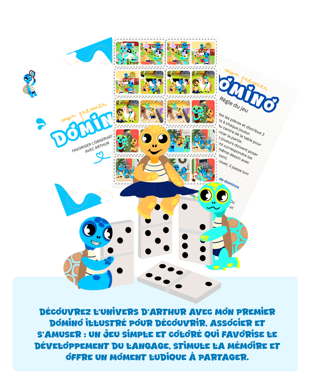 Jeu de Domino illustré Arthur la Tortue à imprimer – premier jeu de société éducatif pour enfants de 3 à 6 ans, maternelle EVAR