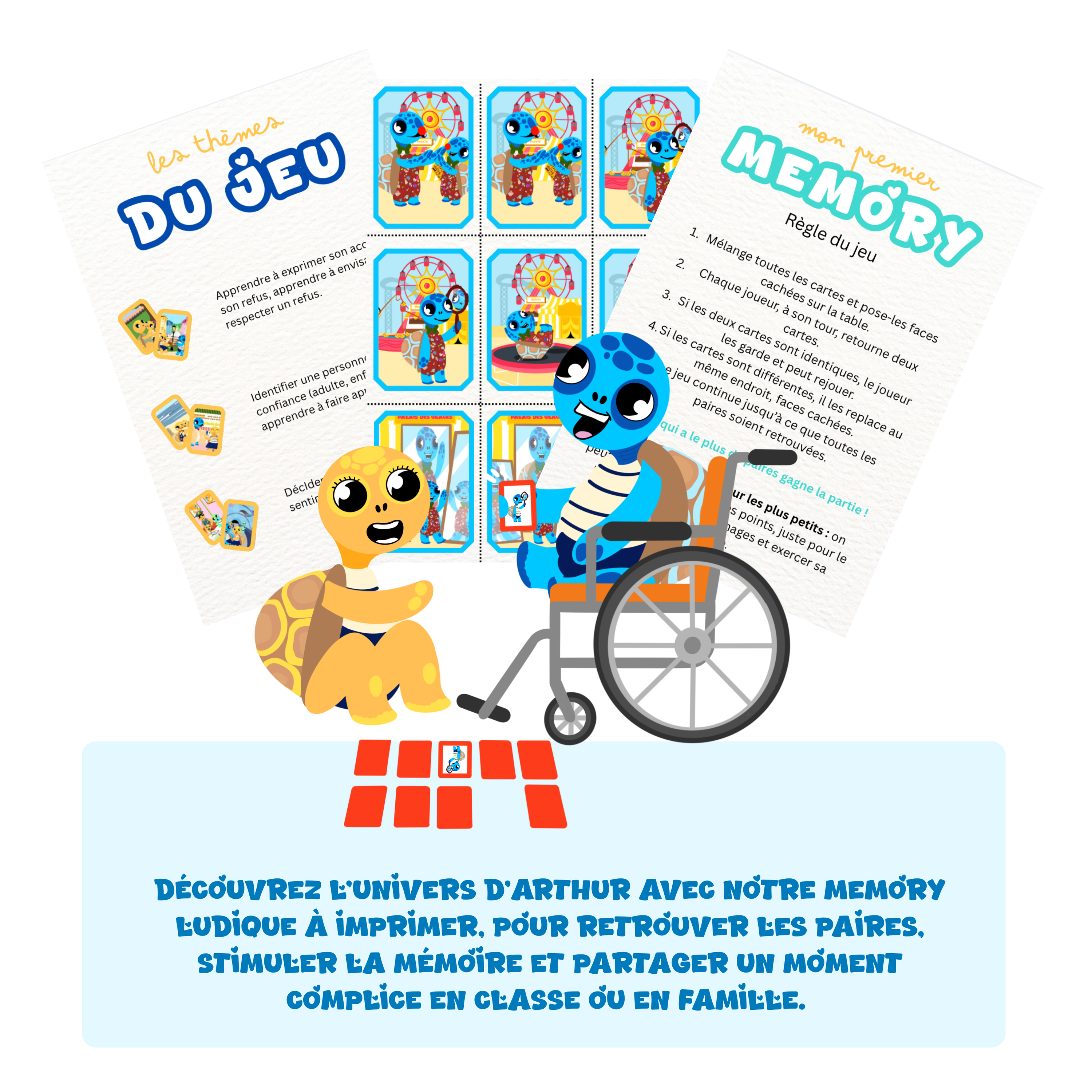 Jeu de Memory Arthur la Tortue à imprimer – activité mémorielle pédagogique pour enfants de 3 à 6 ans, maternelle EVAR